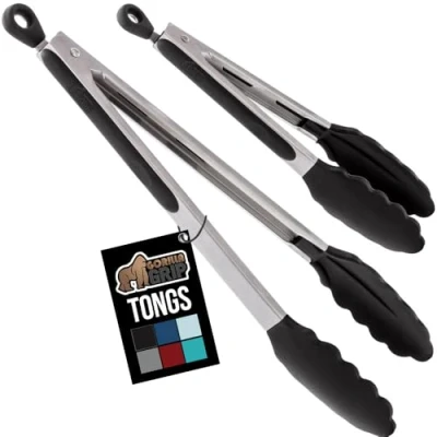 Image of Gorilla Grip Stainless Steel Heat Resistant Kitchen Tongs for Cooking, 9 + 12 Inch, Set of 2 BBQ Tong, Non Scratch Silicone Tip Pan, Strong Grip, Grab Food, Toss Salad, Air Fryer, Pull Lock, Black