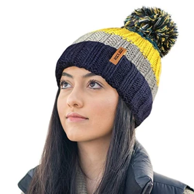 Image of RockJock R80 Thermal Insulating Striped Beanie Bobble Hat with Cosy Fleece Lining Yellow/Teal
