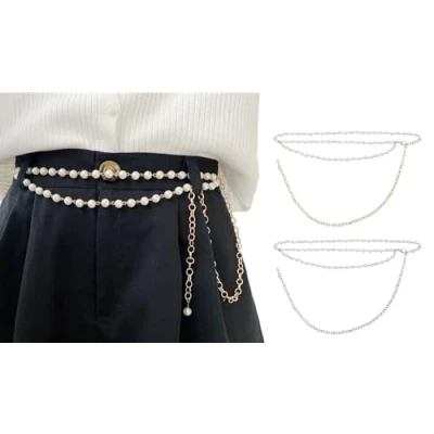 Image of CCAIPU Chain Belts for Women, Pearl Adjustable Gold Metal Link Belt Retro Waist Wedding Jeans Dress 115cm (B 2pcs Gold/Silver)