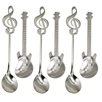 Image of Maydahui 6PCS Guitar Spoons Music Note Teaspoon Set 18/8（304 ）Stainless Steel Musical Notation Dessert Spoon for Coffee Stirring Drink Mixing Milkshake Jam