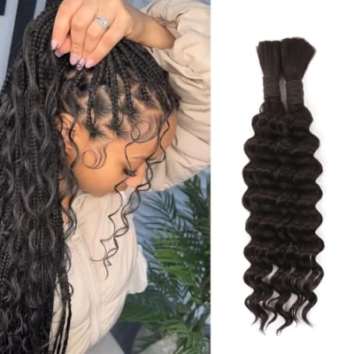 Image of 12 Inch Short Boho Briaids Human Hair Extensions No Weft Wet and Wavy Bradiing 100g 2 Bundles Deep Wave Bulk for Knotless Braids (1B#, Inch(50g/Bundle x2))