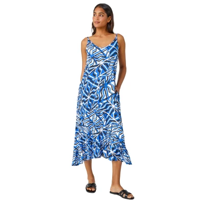 Image of Roman Originals Abstract Print Pocket Midi Dress for Women UK Ladies Everyday Holiday Spring Summer V Neckline Comfy Soft Evening Vacation Work Party Blue Size 10