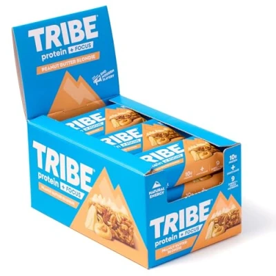 Image of TRIBE Protein + Focus Bar Peanut Butter Blondie 10g Protein, 9 Energy &amp; Nutrients, Lions Mane, Plant Based, Vegan Snack Gluten Free (60g x 12 Bars)