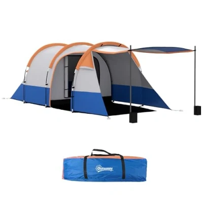 Image of Outsunny 2 3 Man Camping Tent, Tunnel Tent with Weights, Bedroom and Living Room, 2000mm Waterproof, Portable Bag, for Fishing Hiking Festival, Orange