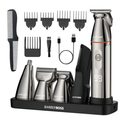 Image of BarberBoss Beard Trimmer, Hair Clippers Men, 5 in 1 Men’s Grooming Kit, Trimmer Kit for Detail Shaver, Nose, Ear &amp; Body Precision Clipper, All One QR 6010