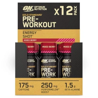 Image of Optimum Nutrition Gold Standard Pre Workout Energy Shot, Ready to Drink Food Supplement with Beta Alanine, Caffeine, PerforMelon Boost and Vitamin B6 B12, Mixed Berry Flavour, 12 Pack, x 60 ml