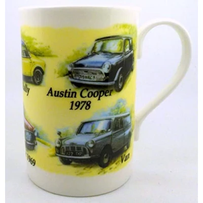 Image of Classic MINIS FINE Bone China Mug Featuring 6 Different The Pickup Rally Austin Cooper 1978 Van 1969 Traveller