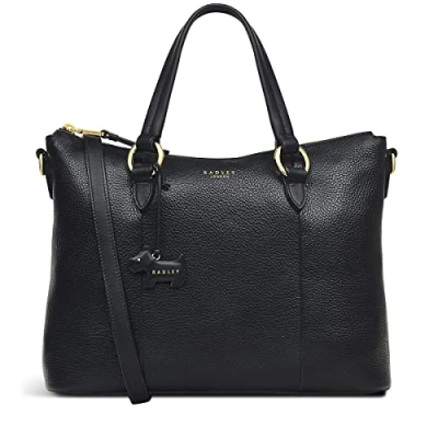 Image of RADLEY London Eel Alley Stripe Large Ziptop Multiway Handbag for Women, Made from Grained Black Leather, Women&#039;s with Twin Grab Handles, Detachable Cross Body Strap &amp; Zip Fastening