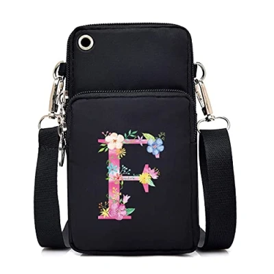 Image of FINDING CASE initial letter Printed Women Girls men Zipper Waterproof Nylon 3 Layers Crossbody Bags Wallet Cellphone Purse Shoulder Bag Wristlet Handbags Adjustable Strap (pink F)