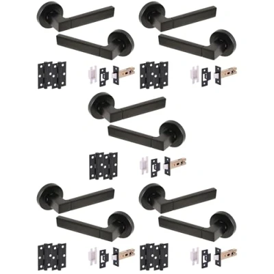 Image of HANDLEZONE® 5 Sets Luxa Internal Door Handle Pack, Complete with Lever Handles, 76mm Latch, 75mm Ball Bearing Hinges Black Matt