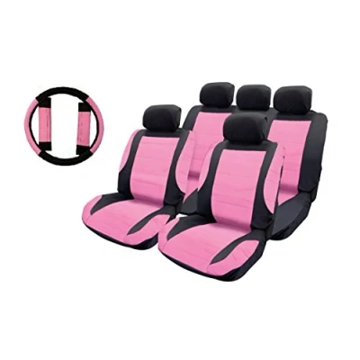 Image of UKB4C Black/Pink Full Set Front &amp; Rear Car Seat Covers, Steering Wheel Cover Belt Pads for Fiesta 08 On