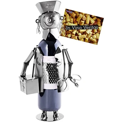 Image of BRUBAKER Wine Bottle Holder Nurse Metal Sculpture Stand 9.1 inches Gift Also for Health Care With Greeting Card