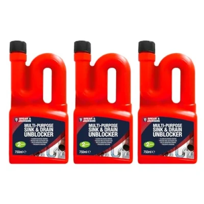 Image of Spear &amp; Jackson Multi Purpose Sink Drain Unblocker 3 x 750 ml, Clears Blocked Drains, 2 Doses per Bottle