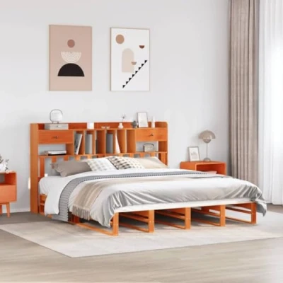 Image of vidaXL Solid Pinewood Bookcase Bed Frame Wax Brown, 200x200 cm, Storage Headboard, Slatted Base, Space Saving Design for Bedroom