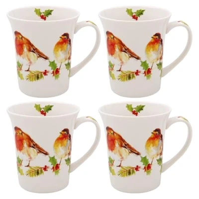 Image of Lesser &amp; Pavey Christmas Winter Robins Set of 4 Mugs Gift Idea for Xmas Robin Themed Mug, UK Design, Hot Drinks, Tea, Coffee Drinkware Mug