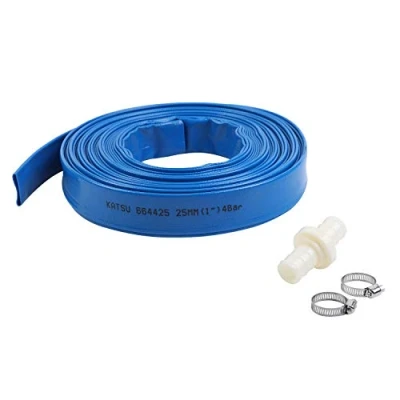 Image of KATSU Layflat Discharge Hose Pipe 20m x 25mm 1 Inch Diameter with 2 Clips and Quick Coupler Connector, Fits Submersible &amp; Other Water Pumps for Draining Pond, Garden Irrigation, Hot Tub, Pool