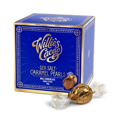Image of Willie&#039;s Cacao Salted Caramel Chocolate Gift Box Individually wrapped Pearls of Milk filled with molten Sea Salt 150 g Artisan 100% Natural