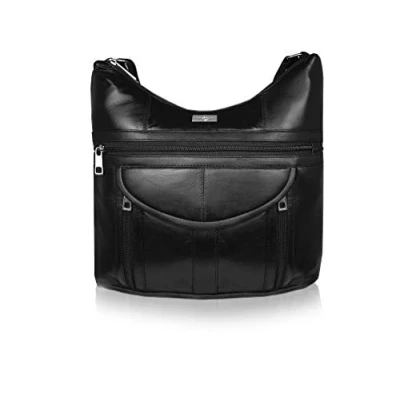 Image of Quenchy London Ladies Large Handbag in Soft Real Genuine Leather Shoulder Cross Body Bag with 7 Pockets H30cm x H33cm D9cm Black Cow Hide QL176KCH