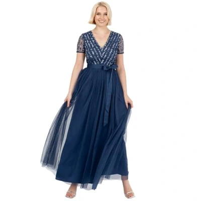 Image of Maya Deluxe Women&#039;s Maxi Dress Ladies Bridesmaid V Neck Ball Gown Short Sleeves Long Elegant Empire Waist Wedding, French Navy, 22