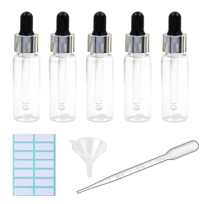 Image of 5Pcs Transparent Dropper Bottle 20ML Plastic Eye Bottles for Essential Oil Pipette Refillable with Measured Pipette, Funnel and Labels (Black + Silver Cap)