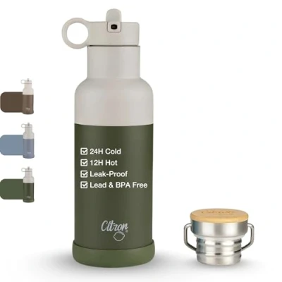 Image of Citron Stainless Steel Insulated Water Bottle 500ml Green, 24H Cold &amp; 12H Hot, 2 Lids, BPA Free