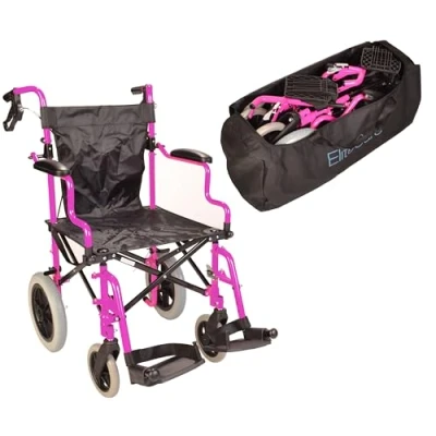 Image of Deluxe Pink Ultra Lightweight Folding Travel Compact Aluminium Wheelchair in a Bag with handbrakes