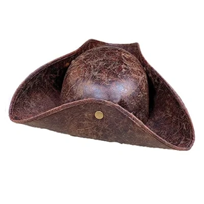 Image of Brown Faux Leather Distressed Pirate Tricorn Hat Fancy Dress Size Accessory