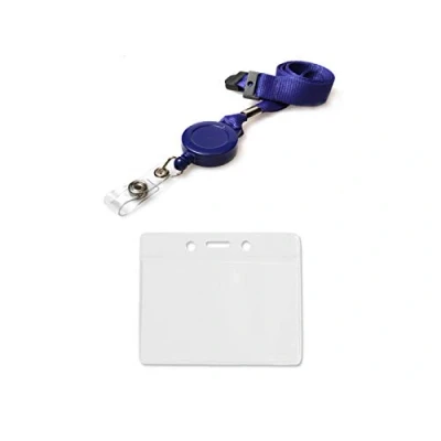 Image of ID Card It Lanyard Neck Strap with Safety Breakaway, Retractable Reel and Pass Badge Holder Enclosed for Work, Office, Security (Blue PVC)