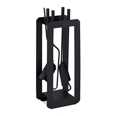 Image of Relaxdays 5 Piece Fireplace Companion Set Steel Utility Accessories, Modern, Stand, Tongs, Shovel, Poker &amp; Broom, Black, 60 x 22.5 16 cm