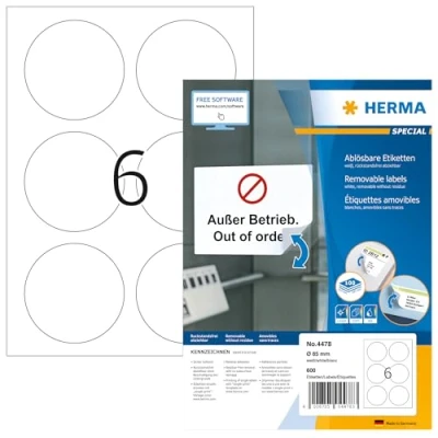 Image of HERMA Self Adhesive Removable Round Labels, 6 Labels per A4 Sheet, 100 Sheets, Ø 85 mm, 600 Blank Multipurpose Stickers, Sticky Dots for Laser &amp; Inkjet Printer, White