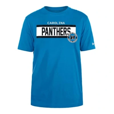 Image of CAROLINA PANTHERS New Era Cap NFL Regular T Shirt High Density Ink Screenprint Front Graphic Original Team Color Unisex Blue