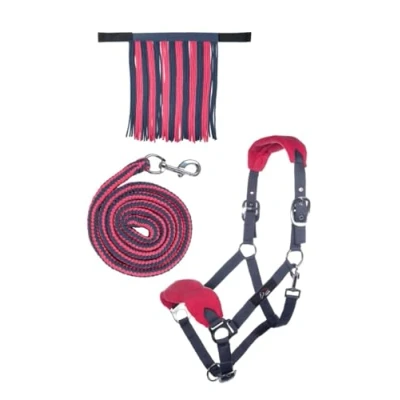 Image of HKM Set mit Karabiner &amp; Fliegenfransen Halter Gray/Pink Pony