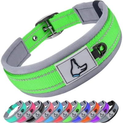 Image of Joytale Reflective Dog Collar Extra Large Dogs Ultra Comfy Soft Neoprene Padded Heavy Duty Metal Belt Buckle, Green