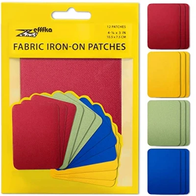 Image of ZEFFFKA Premium Quality Fabric Iron on Patches Inside &amp; Outside Strongest Glue 100% Cotton Red Green Blue Brown Repair Decorating Kit 12 Pieces Size 3&quot; by 4 1/4&quot; (7.5 cm x 10.5 cm)