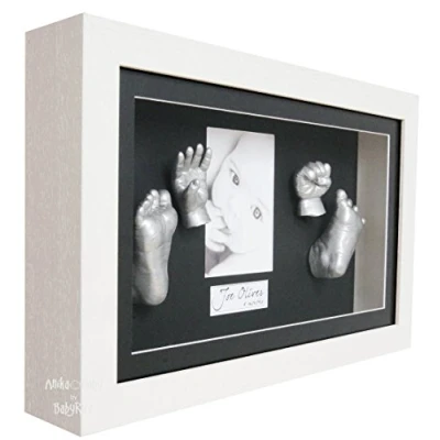 Image of BabyRice 3D Baby Casting Kit with Deluxe Deep Box White Wooden Frame Silver Casts