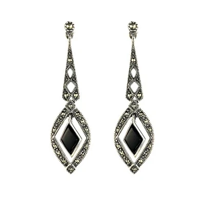 Image of Esse Marcasite Sterling Silver Art Deco Black Onyx and Diamond Drop Earrings