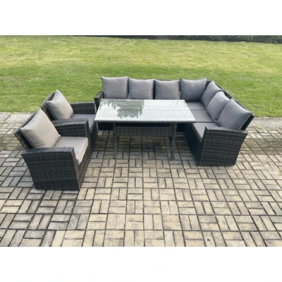 Image of 8 Seater Garden Rattan Furniture Corner Sofa Dining Table Chair Set with Temper Glass and Cushions Indoor Outdoor Lounge Fimous