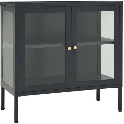 Image of vidaXL Anthracite Sideboard with Glass Door Steel and Tempered Highboard Adjustable Shelf Feet Ideal for Living Room, Bedroom, Office Modern Book, DVD, Decorative Item Storage Ca...