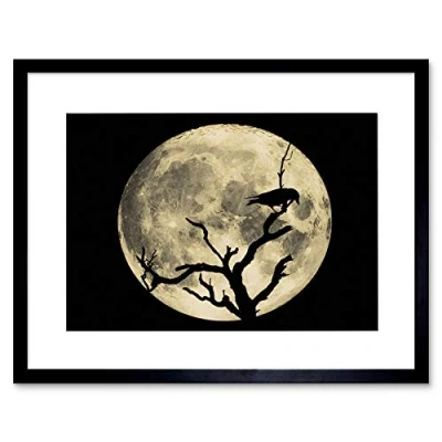 Image of Wee Blue Coo Painting Crow Silhouette Moon Black Grey Framed Wall Art Print