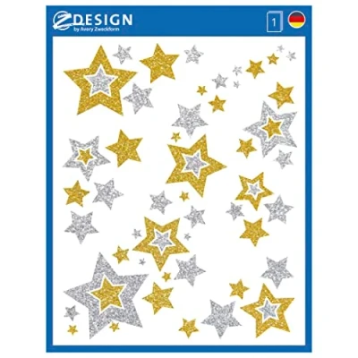 Image of AVERY Zweckform 6 Window Decorations Christmas Stars Gold/Silver (Made in Germany, Self Adhesive Stickers, Decoration Window, Removable, Glittered) 1 Sheet / Stickers 52952