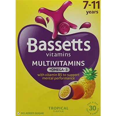 Image of Bassetts Omega 3 Tropical Flavour 7 11 Years Soft and Chewy Multivitamins Pack of 3, Total 90