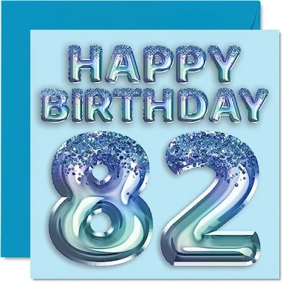 Image of 82nd Birthday Card for Men Blue Glitter Party Balloon Happy Cards 82 Year Old Man Great Grandpa Grandad Dad Gran, 145mm x Eighty Two Second Bday Greeting Gift