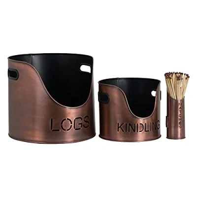 Image of Hill 1975 Log&#039;s &amp; Kindling Buckets + Matchstick Holder Copper Finish, METAL, Mixed, 34 x 32 cm