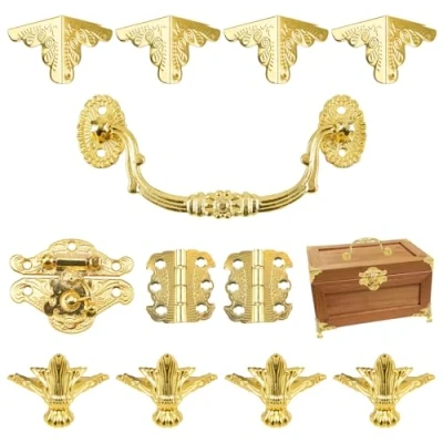 Image of MOROBOR Gold Jewelry Box Antique Lock Latch Hasp Hinges Handle Corner Protectors Kit for DIY Box, Wood Case Chest Storage Feet Leg Protector, not Included
