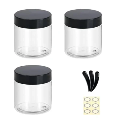 Image of Apstaqeoo 3PCS 200ML Empty Plastic Jars With Black Lids, Clear Round Face Cream Cosmetic Container Travel Storage Jar Inner Liners for Body Scrub/Lotion/Powder/Ointment/Salves/Sample/Makeup