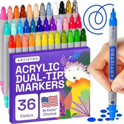 Image of ARTISTRO 36 Colors Acrylic Paint Pens, Art Set Markers Dual Tip (Fine 1mm + Dot 5mm), for Fabric, Canvas, Rock, Glass, Wood, Paper, DIY, Kids and Adults