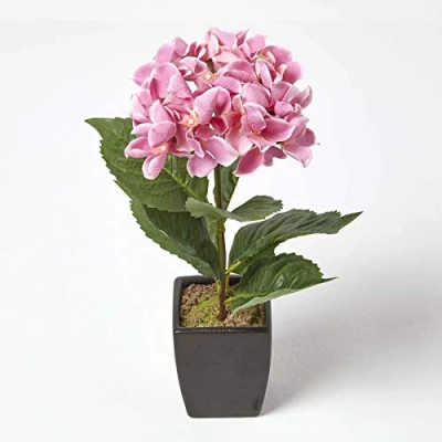 Image of HOMESCAPES Pink Hydrangea Artificial Plant in Mat Black Pot, 38cm tall Indoor Faux Flower