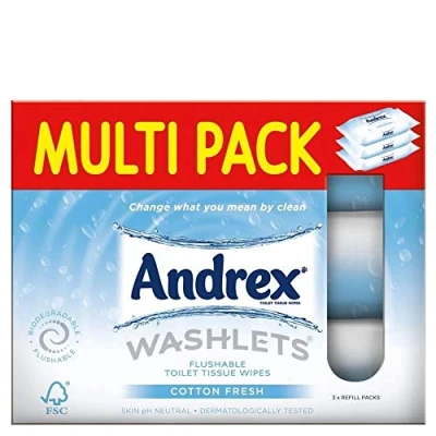 Image of Andrex Classic Clean Flushable Washlets with Micellar Water, 3 Packs