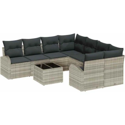Image of vidaXL 9 Piece Garden Sofa Set with Cushions Light Grey Poly Rattan