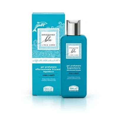 Image of Helan Emozione Blu Fizzy &amp; Invigorating Mens Shower Gel Shampoo with Ginseng Extracts Sweet Almond Proteins Scented Hair Body Wash for Sensitive, Easily Reddened Skin Made in Italy, 200 ml